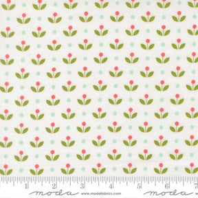 a repeating pattern of green leaves with red flowers on a white background.