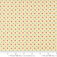 The image is a fabric with a yellow and green floral pattern, featuring small red and green flowers arranged in a diagonal grid.