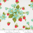 a repeating pattern of blue flowers with red strawberries on a white background.