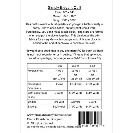 Simply Elegant Quilt Pattern by Pleasant Valley Creations PVC4314 Multiple Sizes
