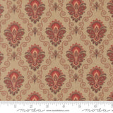 a repeating pattern of ornate floral designs in shades of red and beige. The pattern consists of a series of symmetrical floral motifs arranged in a grid-like fashion, creating a visually striking and intricate design.