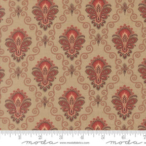 a repeating pattern of ornate floral designs in shades of red and beige. The pattern consists of a series of symmetrical floral motifs arranged in a grid-like fashion, creating a visually striking and intricate design.