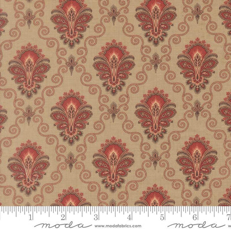 a repeating pattern of ornate floral designs in shades of red and beige. The pattern consists of a series of symmetrical floral motifs arranged in a grid-like fashion, creating a visually striking and intricate design.