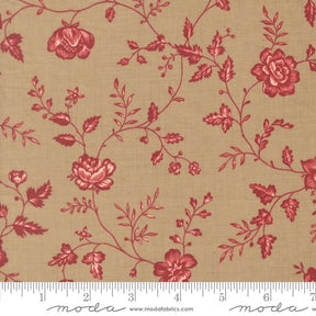 a repeating floral pattern with red flowers and leaves on a beige background.