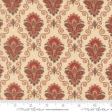 a repeating pattern of red and beige floral designs with intricate swirls and shapes, creating a visually striking and decorative fabric.