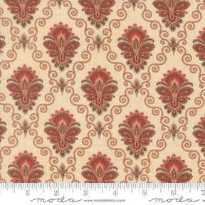 a repeating pattern of red and beige floral designs with intricate swirls and shapes, creating a visually striking and decorative fabric.