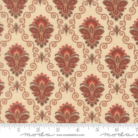 a repeating pattern of red and beige floral designs with intricate swirls and shapes, creating a visually striking and decorative fabric.
