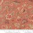 The image is a close-up of a fabric with a floral pattern in shades of red, orange, and brown. The pattern features various flowers and leaves, creating a visually appealing and intricate design.