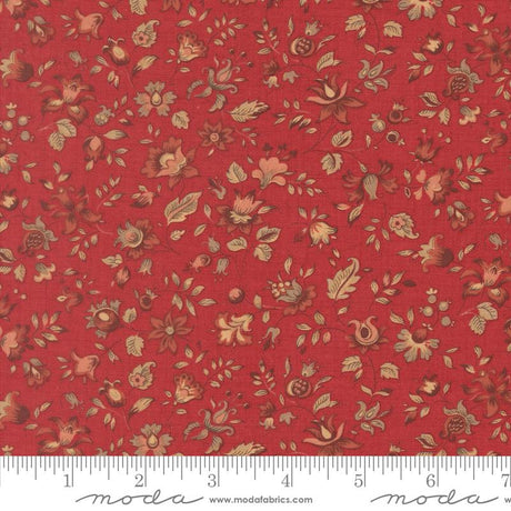 The image is a close-up of a red fabric with a floral pattern, featuring various shades of red, brown, and green flowers and leaves.
