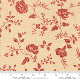 a repeating floral pattern with red flowers and leaves on a beige background.