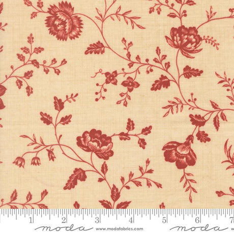 a repeating floral pattern with red flowers and leaves on a beige background.