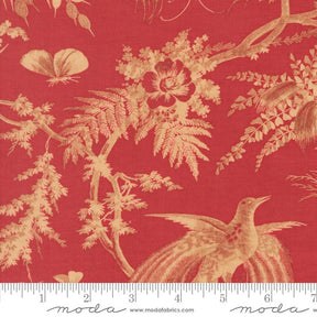 a red fabric with a detailed floral and bird motif, including a large rose, ferns, and a bird in flight.