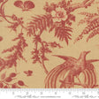 a close-up view of a red and beige floral pattern with a bird perched on a branch.