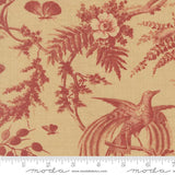a close-up view of a red and beige floral pattern with a bird perched on a branch.