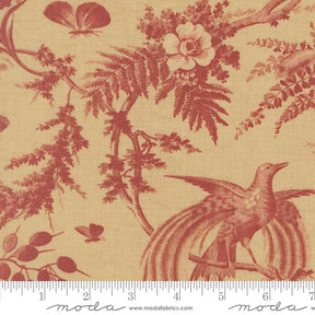 a close-up view of a red and beige floral pattern with a bird perched on a branch.