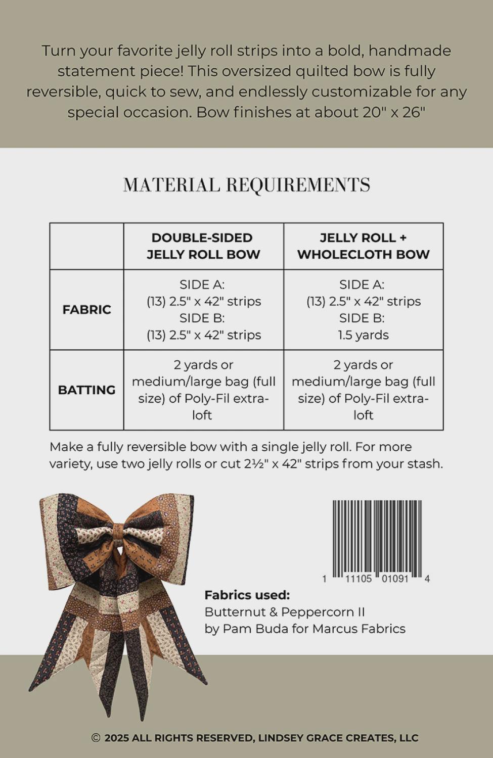 The Big Giant Quilted Jelly Roll Bow Sewing Pattern by Lindsey Grace Creates - LGC-TBGQJRB