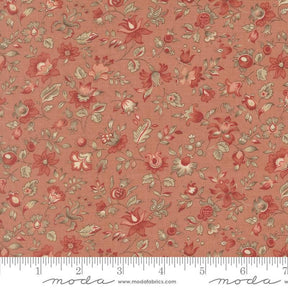 The image is a close-up of a fabric with a floral pattern in shades of red and beige. The fabric appears to be a textile or material with a repeating floral design.