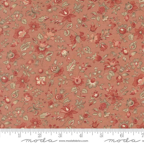 The image is a close-up of a fabric with a floral pattern in shades of red and beige. The fabric appears to be a textile or material with a repeating floral design.