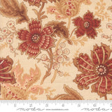 a close-up view of a fabric with a floral pattern in shades of brown and beige. The pattern includes large, vibrant red flowers and smaller, delicate white flowers. The fabric appears to be a light-colored material, possibly cotton or linen, with a floral design that is visually appealing and intricate.