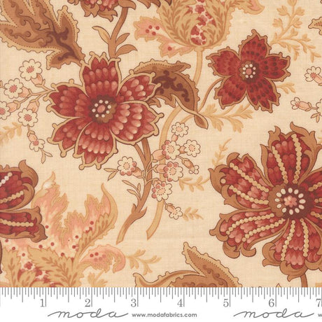 a close-up view of a fabric with a floral pattern in shades of brown and beige. The pattern includes large, vibrant red flowers and smaller, delicate white flowers. The fabric appears to be a light-colored material, possibly cotton or linen, with a floral design that is visually appealing and intricate.