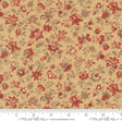 The image is a fabric with a floral pattern in shades of red and beige. The pattern consists of various flowers and leaves, creating a visually appealing and intricate design. The fabric appears to be made of a material that resembles cotton or linen, and it is displayed on a ruler for scale.