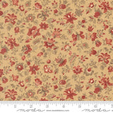 The image is a fabric with a floral pattern in shades of red and beige. The pattern consists of various flowers and leaves, creating a visually appealing and intricate design. The fabric appears to be made of a material that resembles cotton or linen, and it is displayed on a ruler for scale.