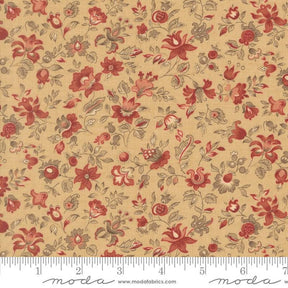 The image is a fabric with a floral pattern in shades of red and beige. The pattern consists of various flowers and leaves, creating a visually appealing and intricate design. The fabric appears to be made of a material that resembles cotton or linen, and it is displayed on a ruler for scale.