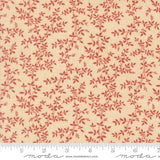 a fabric with a repeating pattern of red leaves and branches on a beige background.