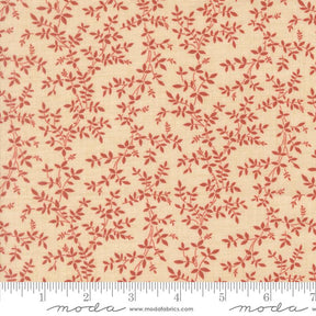 a fabric with a repeating pattern of red leaves and branches on a beige background.