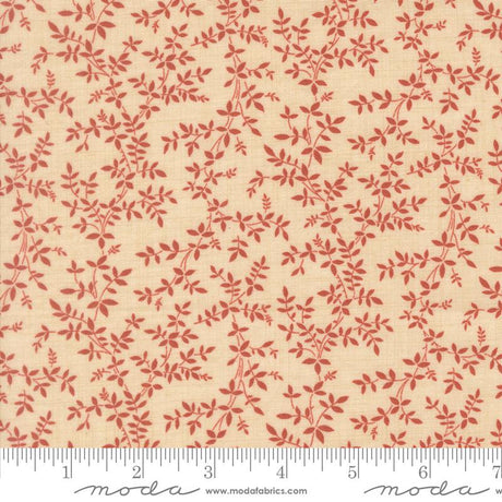 a fabric with a repeating pattern of red leaves and branches on a beige background.