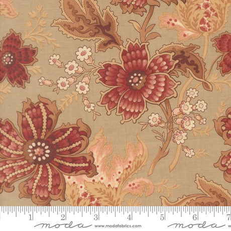 The image is a close-up of a fabric with a floral pattern in shades of brown and red. The pattern features large, detailed flowers and leaves, as well as smaller flowers and leaves, creating a visually appealing and intricate design.