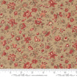 The image is a close-up of a fabric with a floral pattern in shades of brown and red. The fabric appears to be a beige color, and the pattern consists of various flowers and leaves in different sizes and orientations. The image does not contain any text or additional objects, and the focus is solely on the fabric and its floral design.