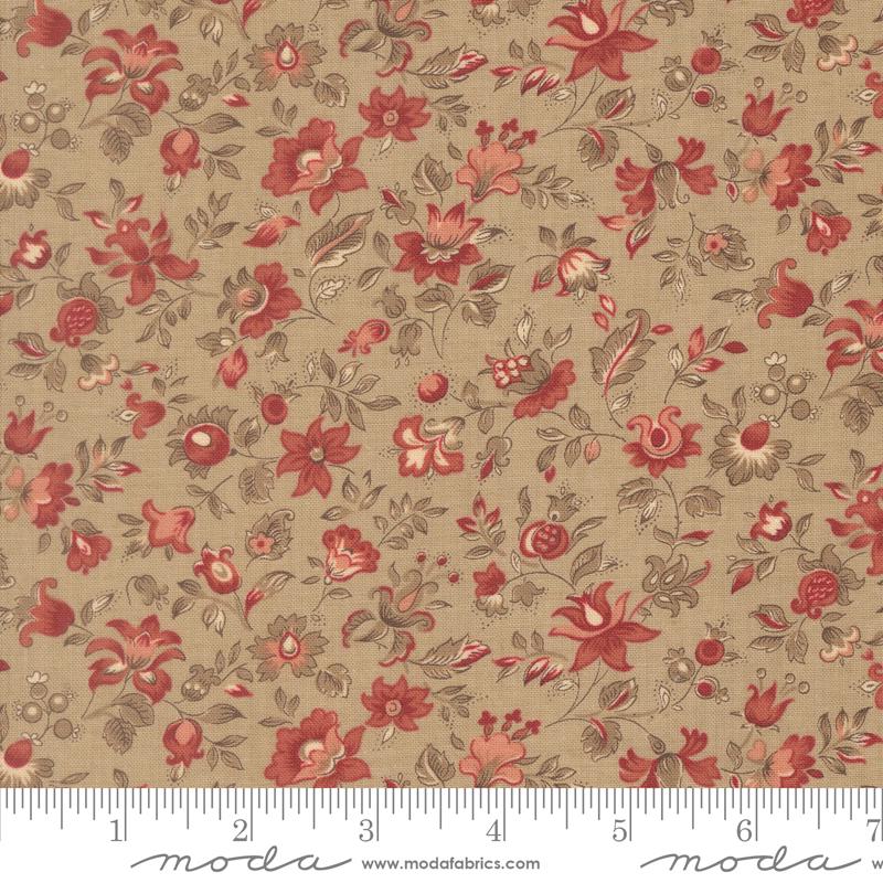 The image is a close-up of a fabric with a floral pattern in shades of brown and red. The fabric appears to be a beige color, and the pattern consists of various flowers and leaves in different sizes and orientations. The image does not contain any text or additional objects, and the focus is solely on the fabric and its floral design.
