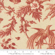 a red and white floral pattern with a bird perched on a branch, along with some leaves and butterflies.