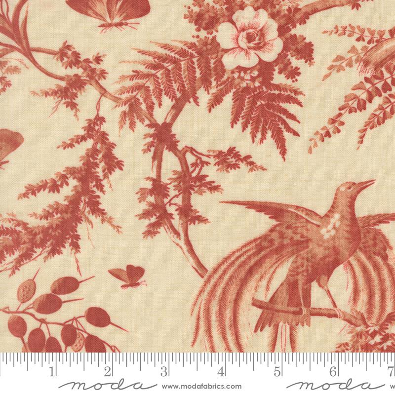 a red and white floral pattern with a bird perched on a branch, along with some leaves and butterflies.