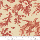 a red and white floral pattern with a bird perched on a branch, along with some leaves and butterflies.
