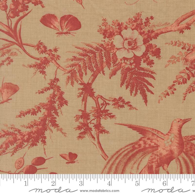 a close-up view of a fabric with a floral and butterfly motif. The fabric appears to be a beige color, and the design includes various elements such as leaves, flowers, and butterflies. The image is described as a close-up of a fabric with a floral and butterfly motif, and it is shown in a fabric sample.