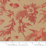 a close-up view of a fabric with a floral and butterfly motif. The fabric appears to be a beige color, and the design includes various elements such as leaves, flowers, and butterflies. The image is described as a close-up of a fabric with a floral and butterfly motif, and it is shown in a fabric sample.