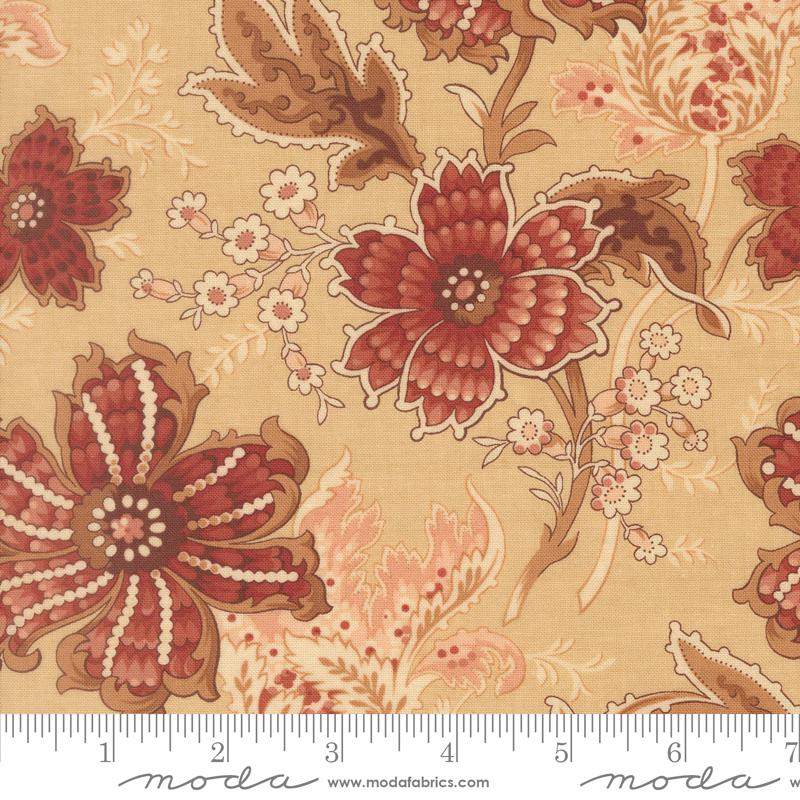a close-up view of a fabric with a floral pattern in shades of brown and beige. The pattern includes large, intricate flowers and leaves, as well as smaller, delicate flowers and leaves. The fabric appears to be a textile or material with a floral design, possibly used for clothing or home decor.