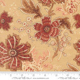 a close-up view of a fabric with a floral pattern in shades of brown and beige. The pattern includes large, intricate flowers and leaves, as well as smaller, delicate flowers and leaves. The fabric appears to be a textile or material with a floral design, possibly used for clothing or home decor.