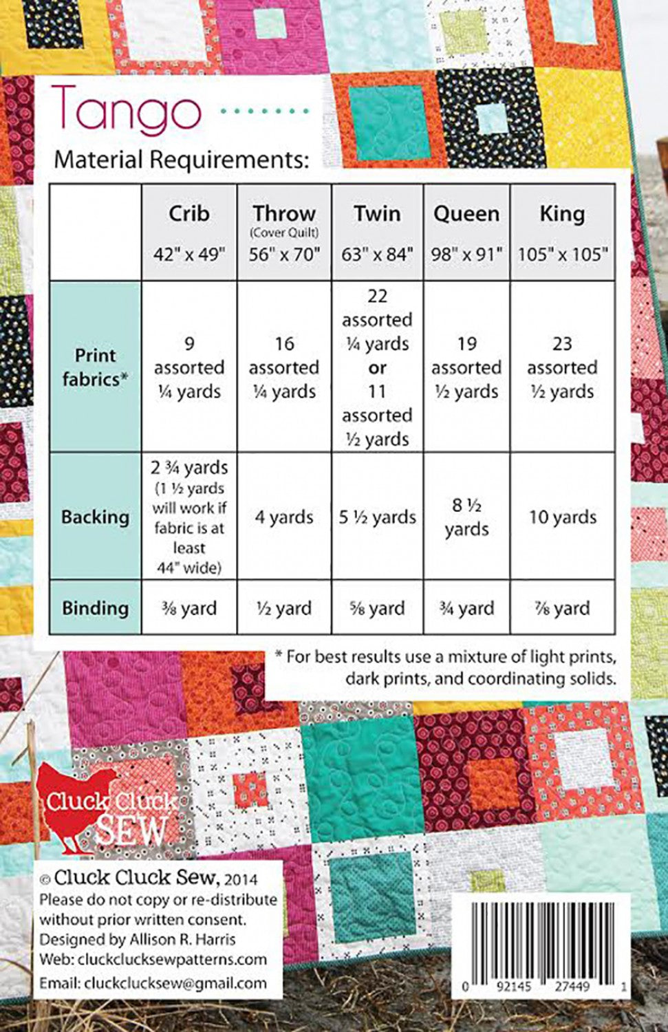 Tango Quilt Pattern , Paper Pattern  in Five Sizes By Cluck Cluck Sew