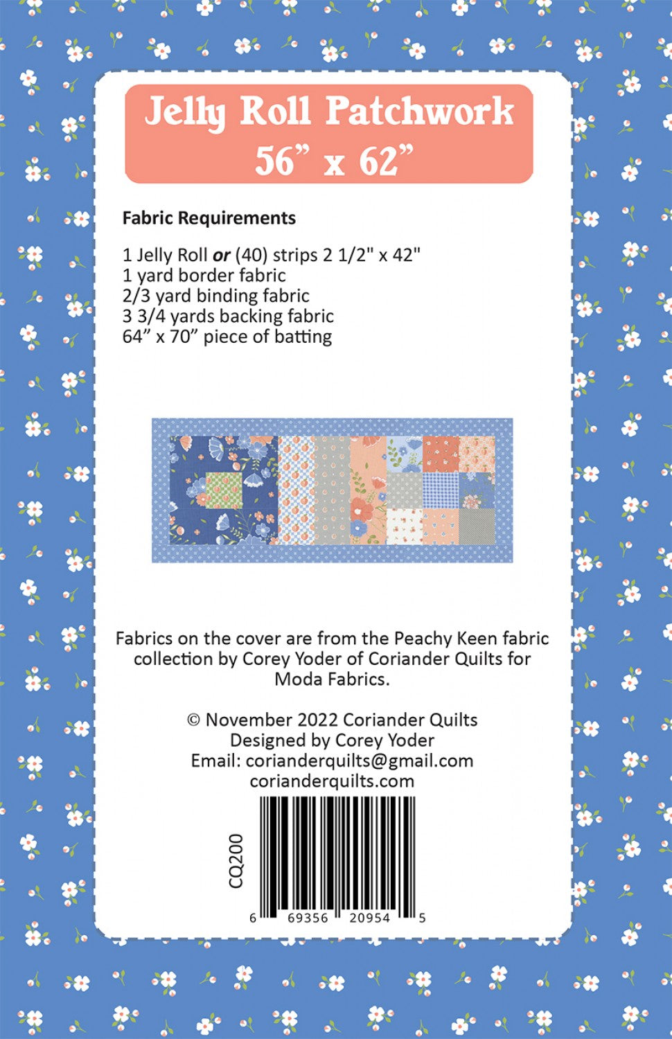 Jelly Roll Patchwork Quilt Pattern by Coriander Quilts CQ200 56" x 62"