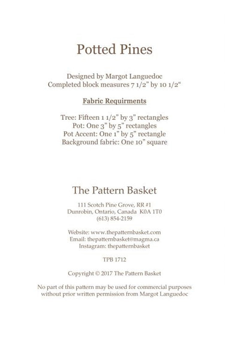Potted Pines BLOCK PATTERN TPB1712 By Margot Languedoc Designs Paper Pattern ONLY
