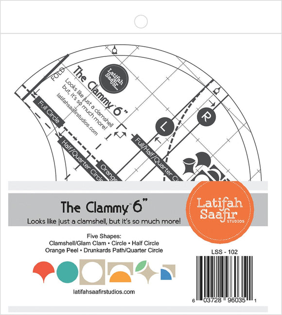 The Clammy 6" Template Five Shapes Clamshell/Glam Clam, Circle, Half Circle, Orange Peel, Drunkards Path/ Quarter Circle LSS-102
