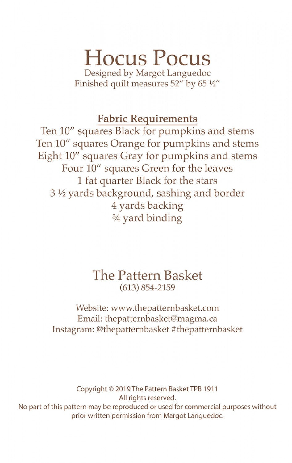 Hocus Pocus pattern By Margot Languedoc Designs TPB1911 Paper Pattern ONLY