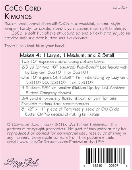 CoCo Cord Kimonos sewing pattern From Lazy Girl Designs LGD 307