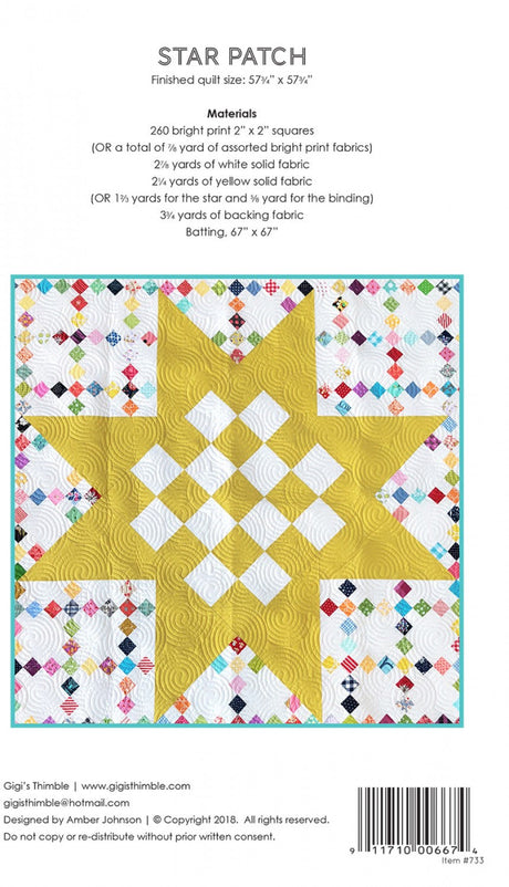 Star Patch Quilt Printed Pattern Only GGT0733  Gigi&#39;s Thimble By Amber Johnson,   Finished quilt size: 57-3/4” x 57-3/4”