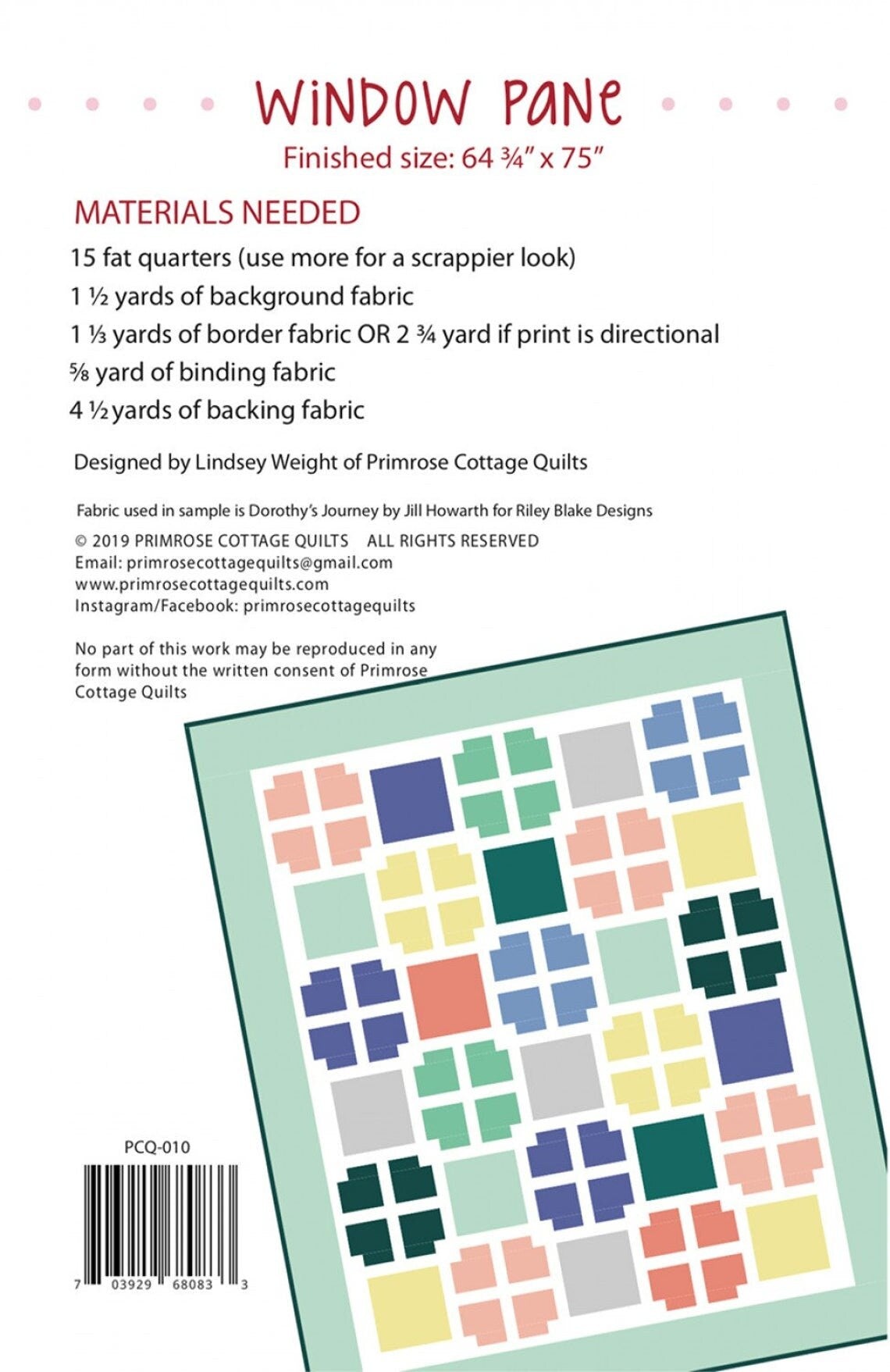 Window Pane Quilt Pattern PCQ-010 15 Fat Quarter FQ Friendly Large Prints Throw Quilt Pattern Primrose Cottage Quilts