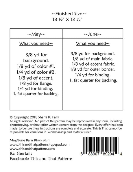 Barn Block Mini&#39;s May  & June  TAT329 From This and That by Sherri Falls