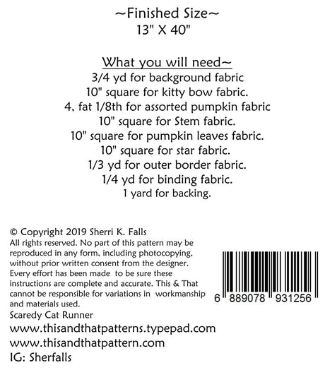 Scaredy Cat Table Runner TAT348 From This and That by Sherri Falls